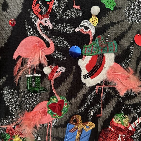 SOLD Ugly Christmas Sweater Flamingo Women L Pullover Feather Embroidered 3D Be - Picture 3 of 9